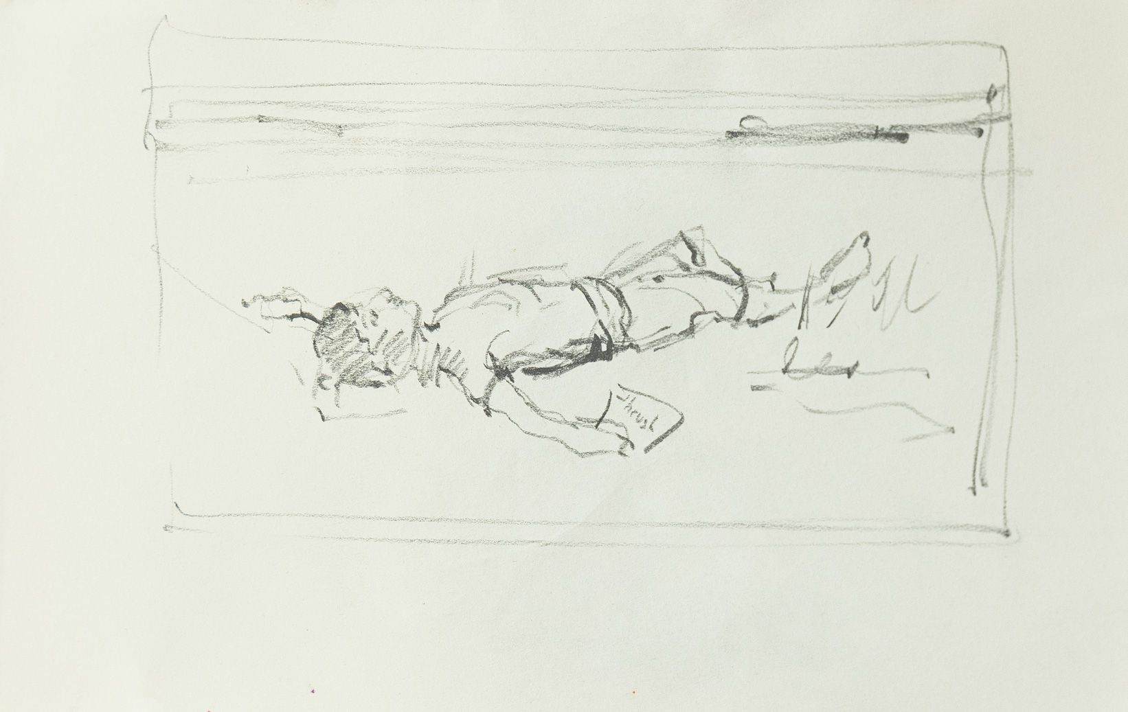 Jacob Rantzau’s Sketch (082) – Trust, a pencil sketch depicting a reclining human figure drawn with loose grey lines on white paper.